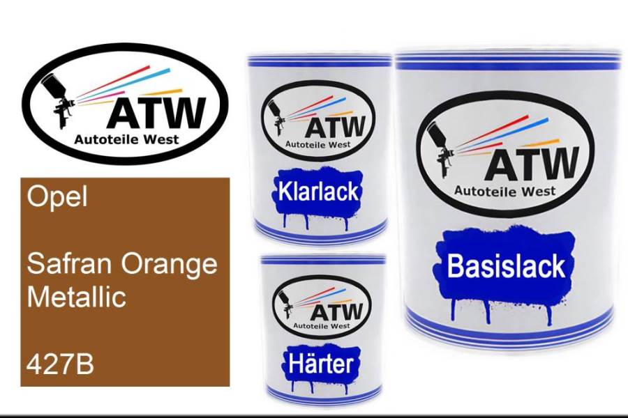 Opel, Safran Orange Metallic, 427B: 1L Lackdose + 1L Klarlack + 500ml Härter - Set, von ATW Autoteile West.